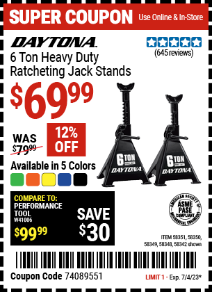 DAYTONA: 6 Ton Heavy Duty Ratcheting Jack Stands, Black