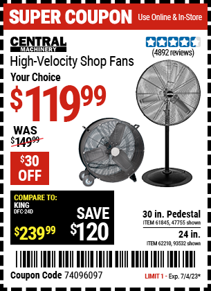 CENTRAL MACHINERY: 30 in. Pedestal High Velocity Shop Fan