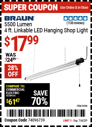 BRAUN: 5500 Lumen, 4 ft. Linkable LED Hanging Shop Light