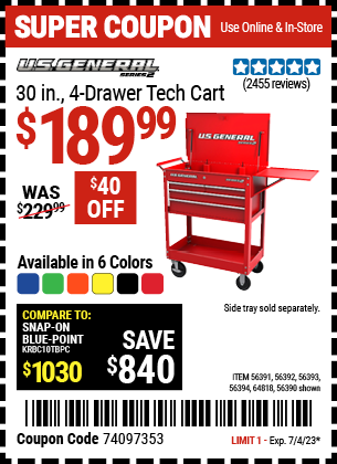 U.S. GENERAL: 30 in. 4 Drawer Tech Cart, Black