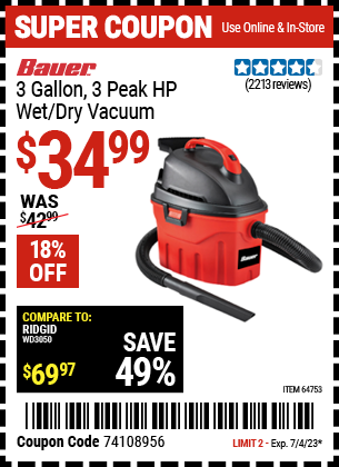 BAUER: 3 Gallon, 3 Peak HP Wet/Dry Vacuum
