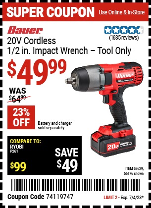 BAUER: 20V Cordless 1/2 in. Impact Wrench - Tool Only - Coupon