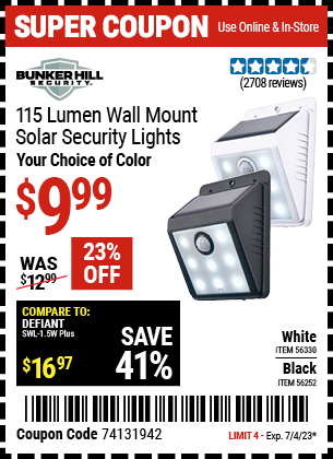 BUNKER HILL SECURITY: 115 Lumen Wall Mount Solar Security Light, Black