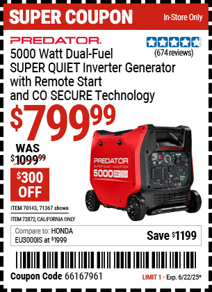 PREDATOR 5000 Watt Dual-Fuel SUPER QUIET Inverter Generator with Remote Start and CO SECURE Technology, EPA 