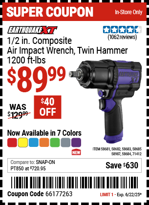EARTHQUAKE XT 1/2 in. Composite Air Impact Wrench, Twin Hammer, 1200 ft-lbs, Blue