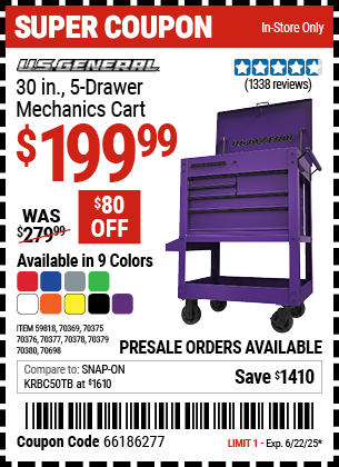 U.S. GENERAL 30 in., 5-Drawer Mechanics Cart, Slate Gray