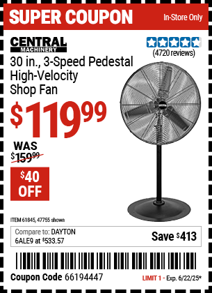 CENTRAL MACHINERY 30 in., 3-Speed Pedestal High-Velocity Shop Fan