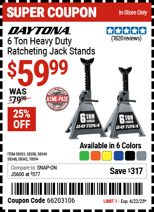 DAYTONA 6 Ton Heavy Duty Ratcheting Jack Stands, Black