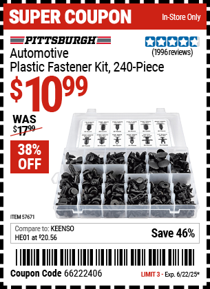 PITTSBURGH Automotive Plastic Fastener Kit, 240-Piece