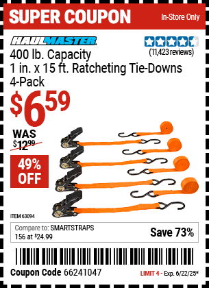 HAUL-MASTER 400 lb. Capacity, 1 in. x 15 ft. Ratcheting Tie-Downs, 4-Pack