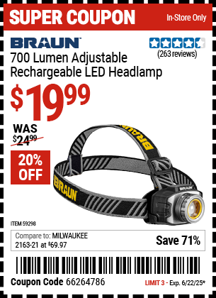 BRAUN 700 Lumen Adjustable Rechargeable LED Headlamp