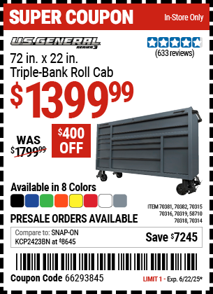 U.S. GENERAL 72 in. x 22 in. Triple-Bank Roll Cab, Series 3, Slate Gray