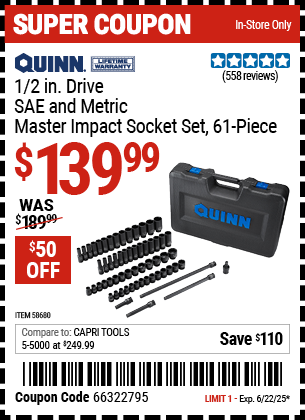 QUINN 1/2 in. Drive SAE and Metric Master Impact Socket Set, 61-Piece