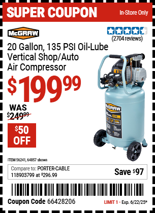 MCGRAW 20 Gallon, 135 PSI Oil-Lube Vertical Shop/Auto Air Compressor