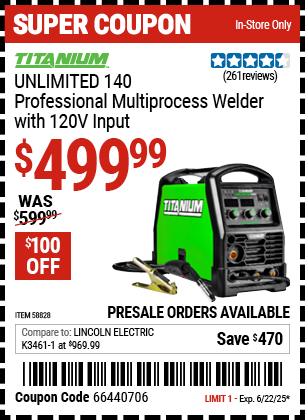 TITANIUM UNLIMITED 140 Professional Multiprocess Welder with 120V Input