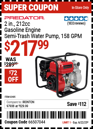 PREDATOR 2 in., 212cc Gasoline Engine Semi-Trash Water Pump, 158 GPM