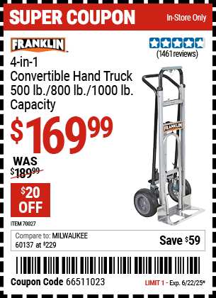 FRANKLIN: 4-in-1 Convertible Hand Truck, 500 lb./800 lb./1000 lb. Capacity