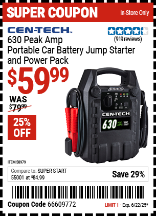 CEN-TECH 630 Peak Amp Portable Car Battery Jump Starter and Power Pack