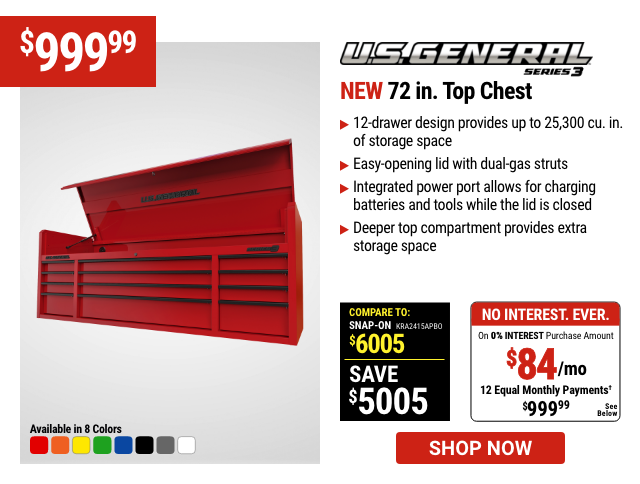 U.S. GENERAL 72 in. x 22 in. Triple Bank Top Chest, Series 3, Red U.S. GENERAL 72 in. x 22 in. Triple Bank Top Chest, Series 3, Red