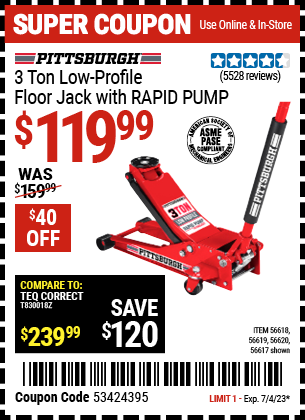PITTSBURGH: 3 Ton Low-Profile Floor Jack with RAPID PUMP, Red - coupon