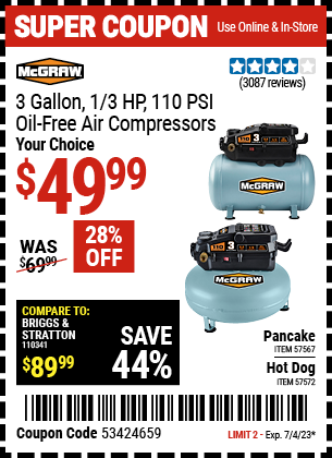 MCGRAW: 3 Gallon 1/3 HP 110 PSI Oil-Free Pancake Air Compressor - coupon