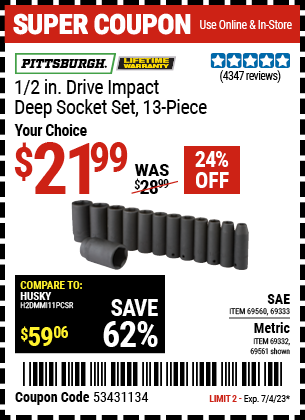 PITTSBURGH: 1/2 in. Drive SAE Impact Deep Socket Set, 13 Piece - coupon