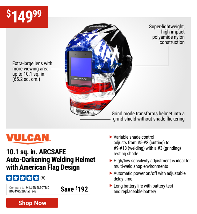 VULCAN: 10.1 sq. in. ARCSAFE Auto-Darkening Welding Helmet with American Flag Design