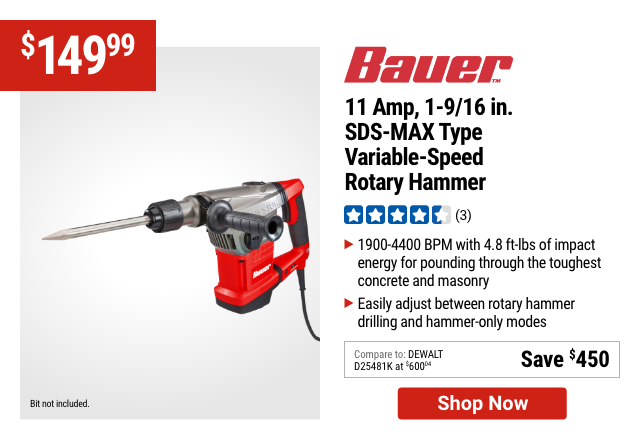 BAUER: 11 Amp, 1-9/16 in. SDS-MAX Type Variable-Speed Rotary Hammer