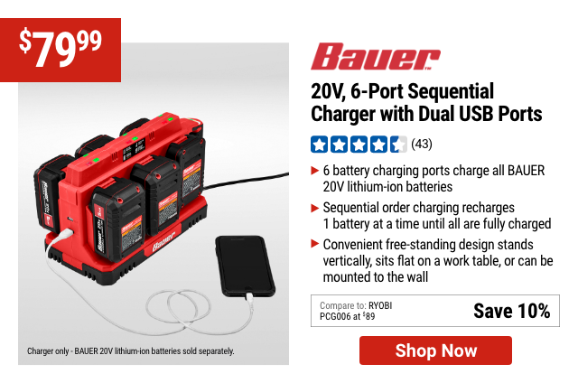 BAUER: 20V 6-Port Sequential Charger with Dual USB Ports