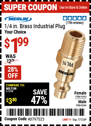 MERLIN: 1/4 in. Male Brass Industrial Plug