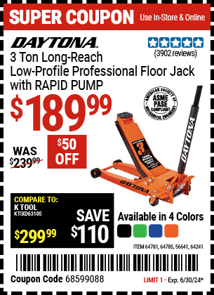 DAYTONA: 3 Ton Long-Reach Low-Profile Professional Floor Jack with RAPID PUMP, Blue