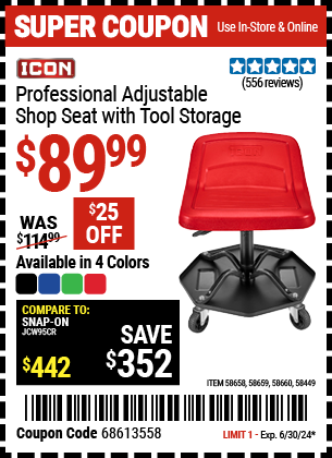 ICON: Professional Adjustable Shop Seat with Tool Storage