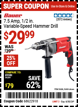 BAUER: 7.5 Amp 1/2 in. Variable-Speed Hammer Drill