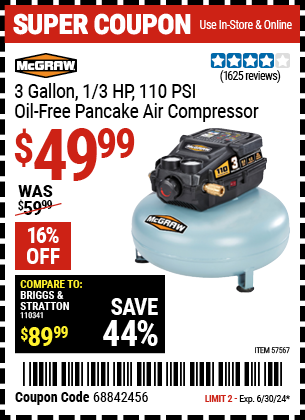 MCGRAW: 3 Gallon, 1/3 HP, 110 PSI Oil-Free Pancake Air Compressor