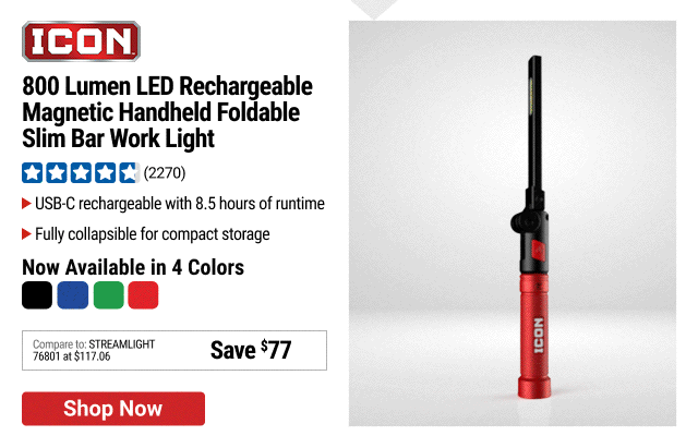 ICON 800 Lumen LED Rechargeable Magnetic Handheld Foldable Slim Bar Work Light