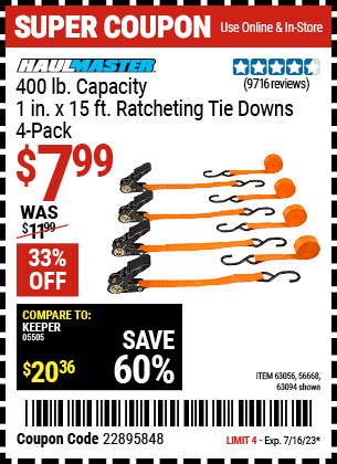 HAULMASTER: 400 lb. Capacity, 1 in. x 15 ft. Ratcheting Tie Downs, 4-Pack