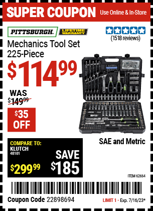 PITTSBURGH: Mechanics Tool Set, 225 Piece