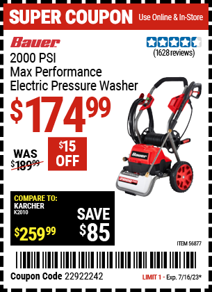 BAUER: 2000 PSI Max Performance Electric Pressure Washer