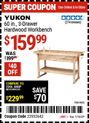 YUKON: 60 in., Three Drawer Hardwood Workbench