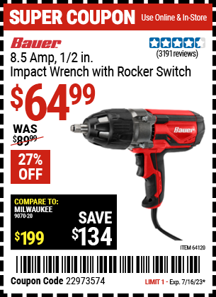 BAUER: 8.5 Amp 1/2 in. Impact Wrench with Rocker Switch
