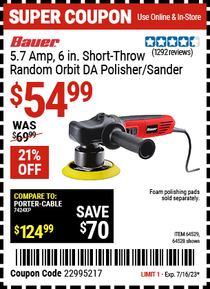 BAUER: 5.7 Amp 6 in. Short-Throw Random Orbit DA Polisher/Sander