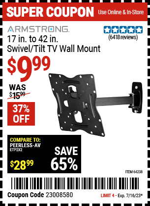 ARMSTRONG: 17 in. to 42 in. Swivel/Tilt TV Wall Mount