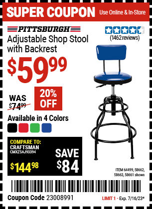 PITTSBURGH AUTOMOTIVE: Adjustable Shop Stool with Backrest, Black