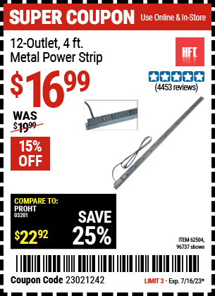 HFT: 12-Outlet, 4 ft. Metal Power Strip