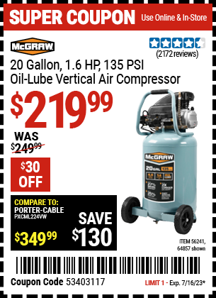 MCGRAW: 20 gallon 1.6 HP 135 PSI Oil-lube Vertical Air Compressor