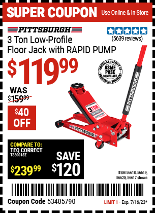 PITTSBURGH: 3 Ton Low-Profile Floor Jack with RAPID PUMP, Red