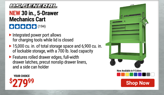 U.S. GENERAL: 30 in., 5-Drawer Mechanics Cart