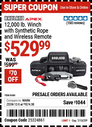 BADLAND APEX 12,000 lb. Winch with Synthetic Rope and Wireless Remote