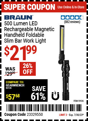 BRAUN: 500 Lumen LED Rechargeable Magnetic Handheld Foldable Slim Bar Work Light
