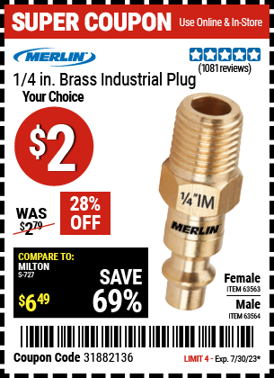 MERLIN: 1/4 in. Female Brass Industrial Plug